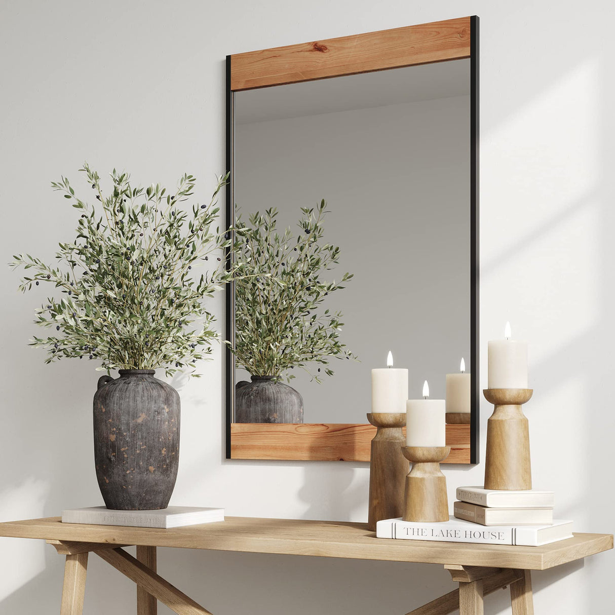 Barnyard Designs 24x36 Wooden Farmhouse Wall Mirror - Modern Rustic Metal and Wood Frame Mirror for Bathroom Vanity, Brown Barnyard Designs