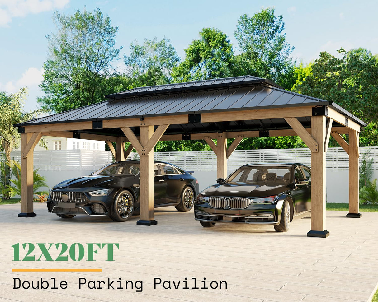 AMERLIFE 12x20 ft Hardtop Gazebo, Spruce Wood Gazebo with Iron Double Roof, Outdoor Pergola with Wood Frame for Garden, Porch, Patio, Charcoal Gray + Brown Gray AMERLIFE