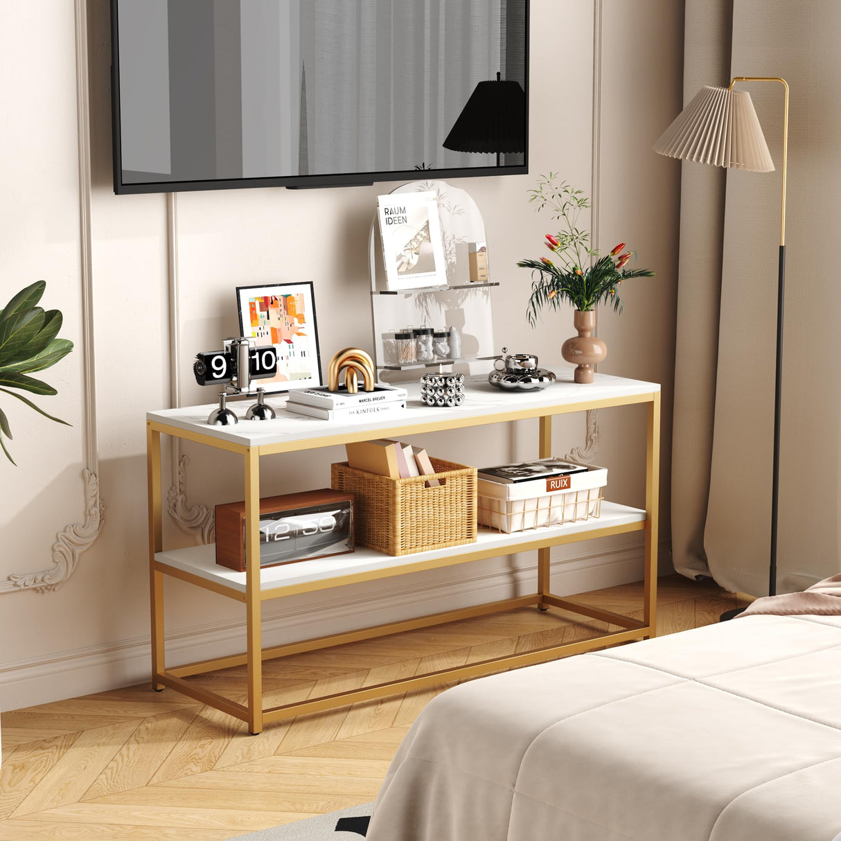 Function Home TV Stand for TVs up to 50 Inch, 3 Tier Entertainment Center, Modern TV Cabinet with Marble Top and Gold Metal Base, 42" Media Console Table with Storage for Living Room Bedroom Function Home