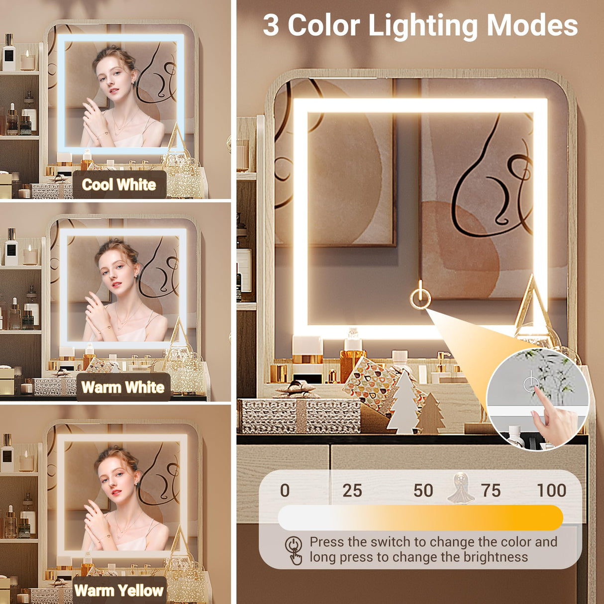 GarveeHome Vanity Desk with LED Light Mirror and Charging Station,Small Makeup Vanities Set with 2 Drawers for Girls Women with Storage Stool (White + Grey Tabletop) GarveeHome