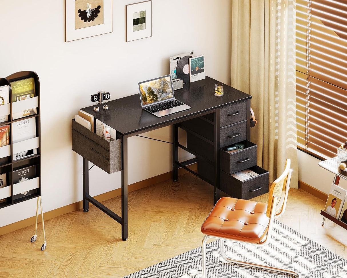 Casaottima 32-Inch Small Computer Desk with 4 Fabric Drawers — Home Office Desks with Storage, Writing Desk with Side Hook and Cloth Bag, Modern Study/Work Table for Bedroom and Small Space, Black Casaottima