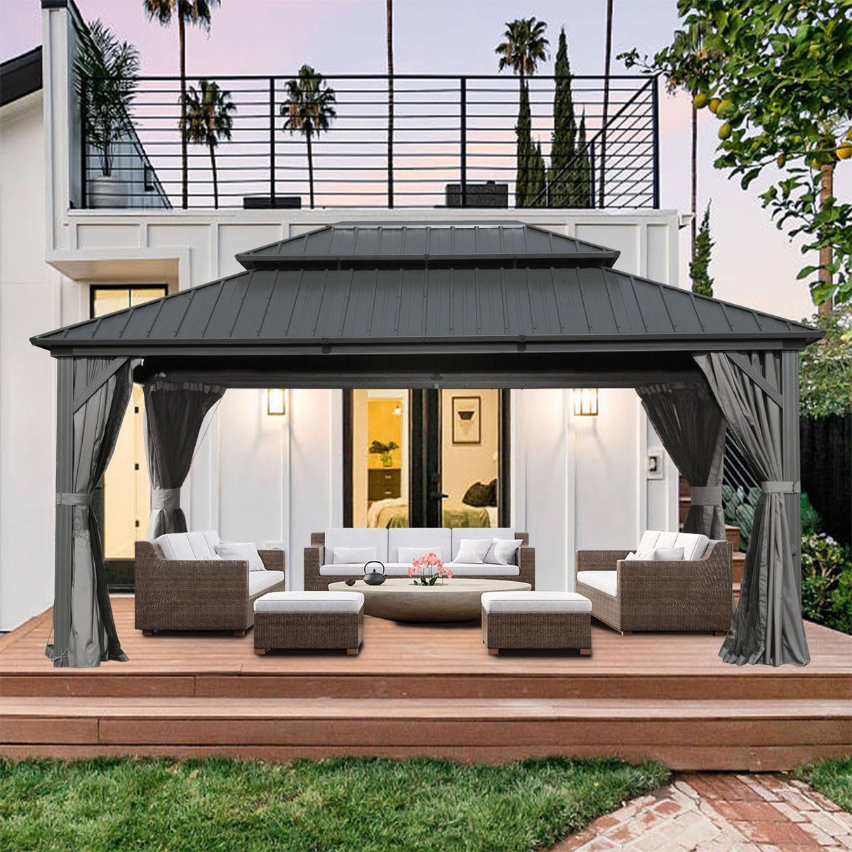 SHPAI Hardtop Gazebo 10x14FT, Aluminum Outdoor Gazebo with Galvanized Steel Double Roof Canopy, Curtains and Nettings, Metal Gazebo Permanent Pavilion for Patio Wedding, Party, Outdoor Dining, Gray SHPAI