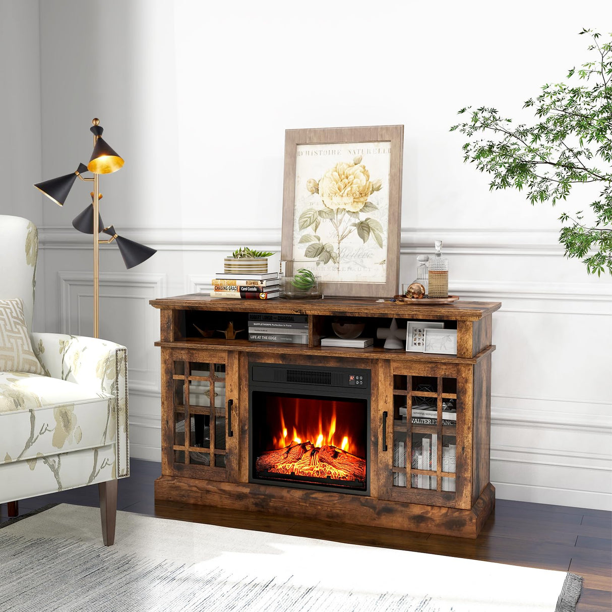 SIMOE Fireplace TV Stand for 55 TV, 48 Inch Tv Stand with 18 Inch Electric Fireplace Heater, Mondern Tv Console w/Cabinets & Doors, 6H Timer & Remote Control for Living Room, Home SIMOE