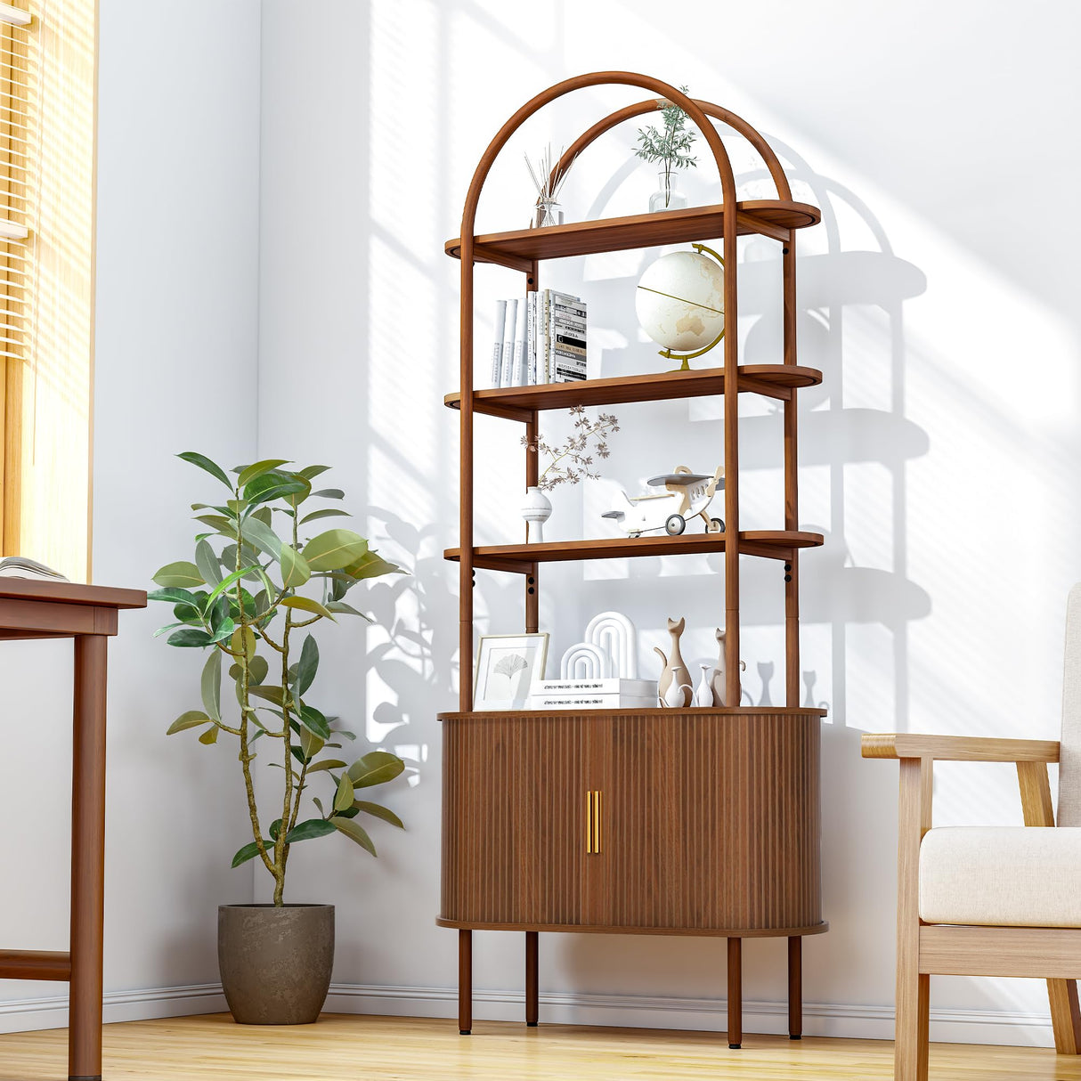 Turtle&Myrtle Tall Arched Bookshelf, Mid Century Modern Fluted Bookcase Cabinet with Sliding Doors, Curved Metal Frame Bookcase, Industrial Storage Display Shelving for Living Room, Bedroom (Walnut) Turtle&Myrtle