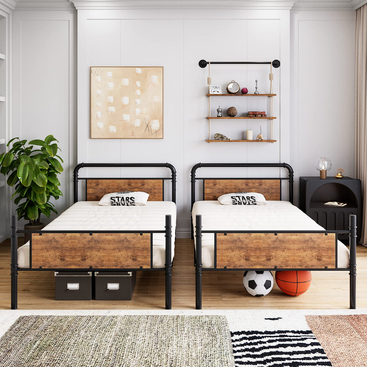 GarveeHome Metal Bunk Bed Twin Over Twin for Kids, Heavy Duty Twin Size Convertible Bunk Bed with Guardrail & Ladders, Noise Free, No Box Spring Needed, Black GarveeHome