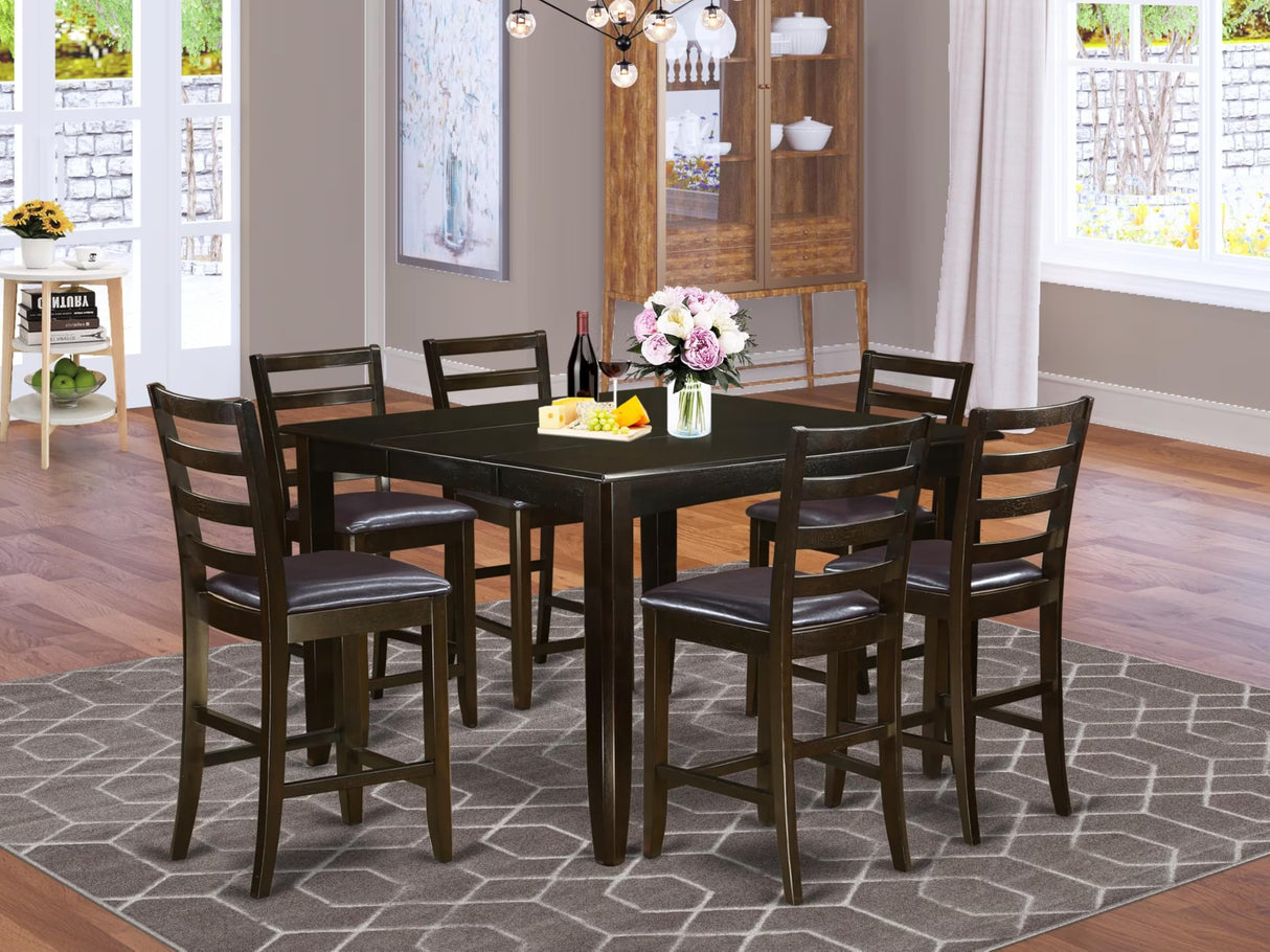 East West Furniture FAIR7-CAP-LC 7 Piece Counter Height Dining Table Set Consist of a Square Wooden Table with Pedestal and 6 Faux Leather Kitchen Dining Chairs, 54x54 Inch, Cappuccino East West Furniture