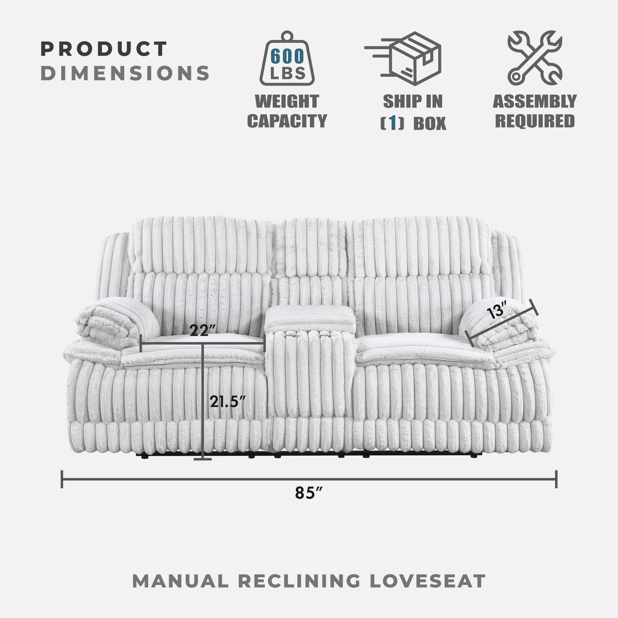 Lexicon Manual Double Reclining Loveseat with Center Console, Corduroy Manual Wall Hugger Recliner Couch, Pillow Top Arms, Cup Holders, Hidden Storage, Cozy Loveseat for Living Room, Gray Lexicon
