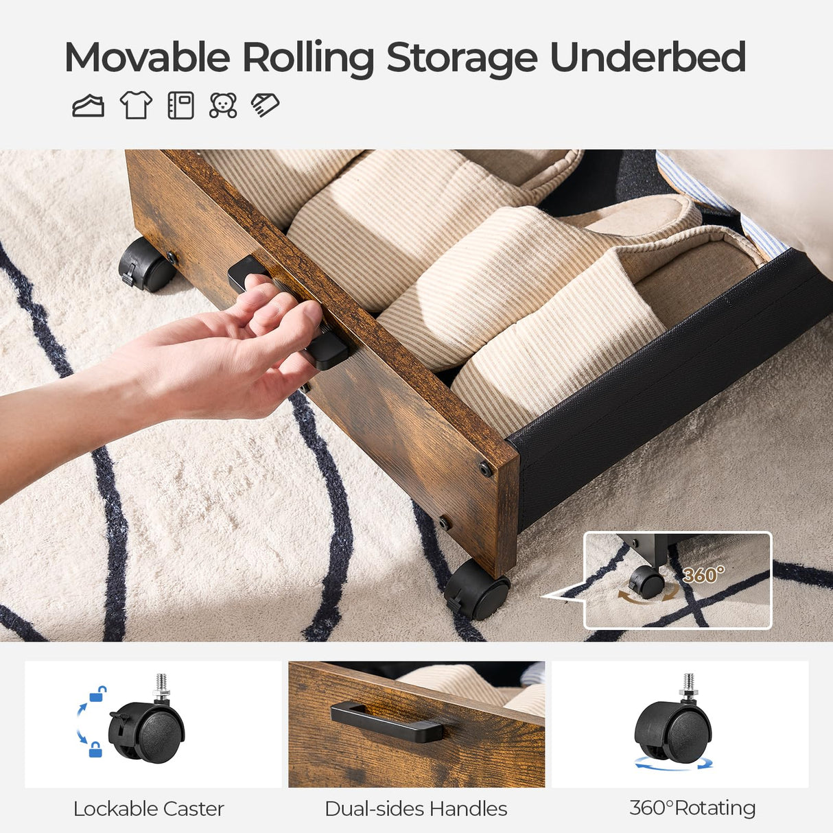 FOUCSSOMEI Under Bed Storage with Wheels 2 Pack Under Bed Storage Containers on Rollers Metal Frame Bed Storage Drawers for Shoes Clothes Space-Saving Solution for Bedroom Organization Patented Design FOUCSSOMEI