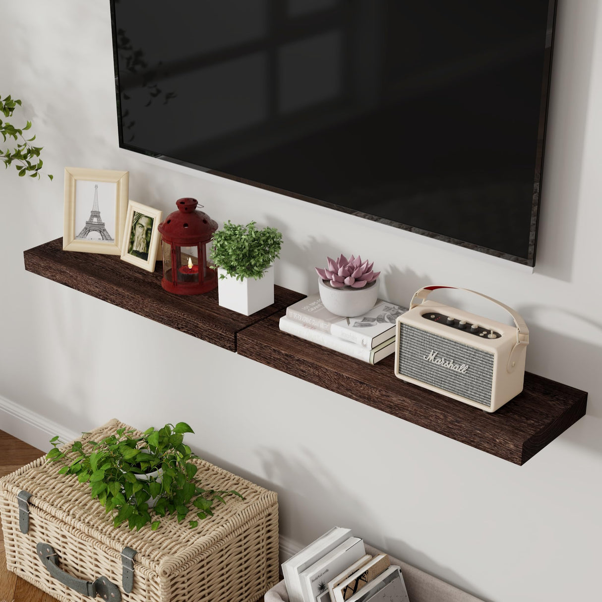 Axeman Floating Shelves, 2 Pack 8 Inch Deep Rustic Solid Wood Wall Shelves for Storage, Wall Mounted Display Shelving with Invisible Heavy-Duty Metal Bracket, 24" W x 8" D x 1.6" H, Rustic Brown Axeman