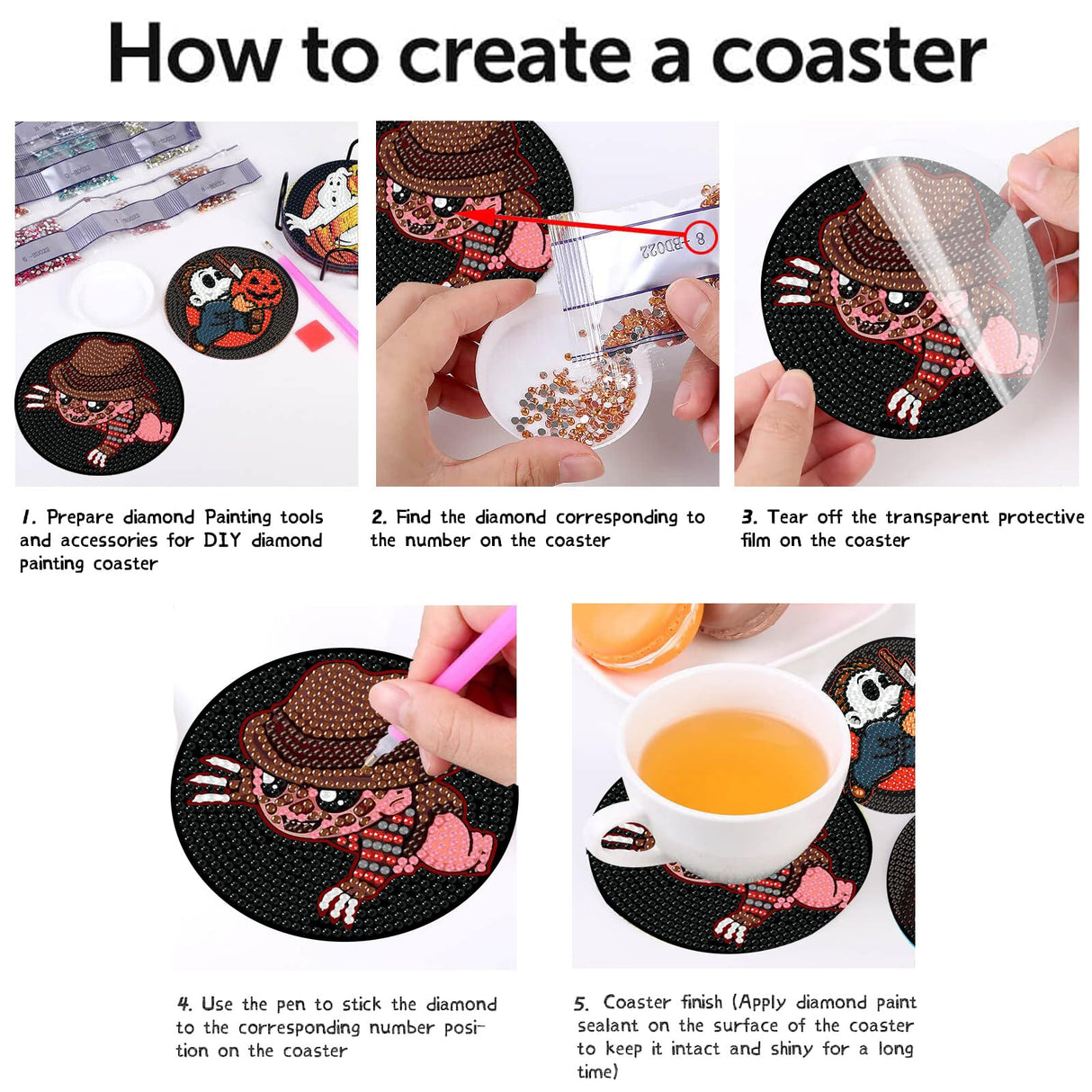 Canrichshop 8 Pcs Diamond Painting Coasters,Halloween Diamond Painting Kits,Horror Movies Diamond Art Coasters,5D Full Drill Diamond Dots,DIY Kits for Adults Arts and Crafts Supplies Canrichshop