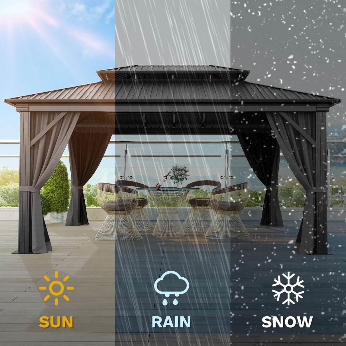 DWVO 12x16ft Gazebo Double Roof Hardtop with Nettings and Curtains, Heavy Duty Galvanized Steel Outdoor Vertical Stripes Roof for Patio, Backyard, Deck, Lawns, Grey DWVO