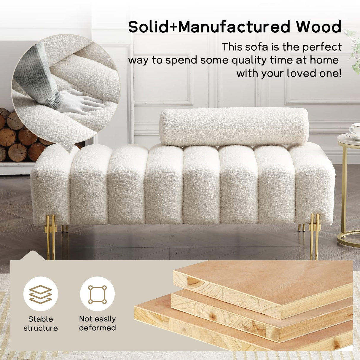 NIOIIKIT 53.2" Modern Loveseat Sofa Couch, Upholstered Accent Sofa with Golden Legs and Adjustable Backrest, Small Teddy Fleece Couches for Bedroom, Living Room, Compact Small Space (Beige) NIOIIKIT