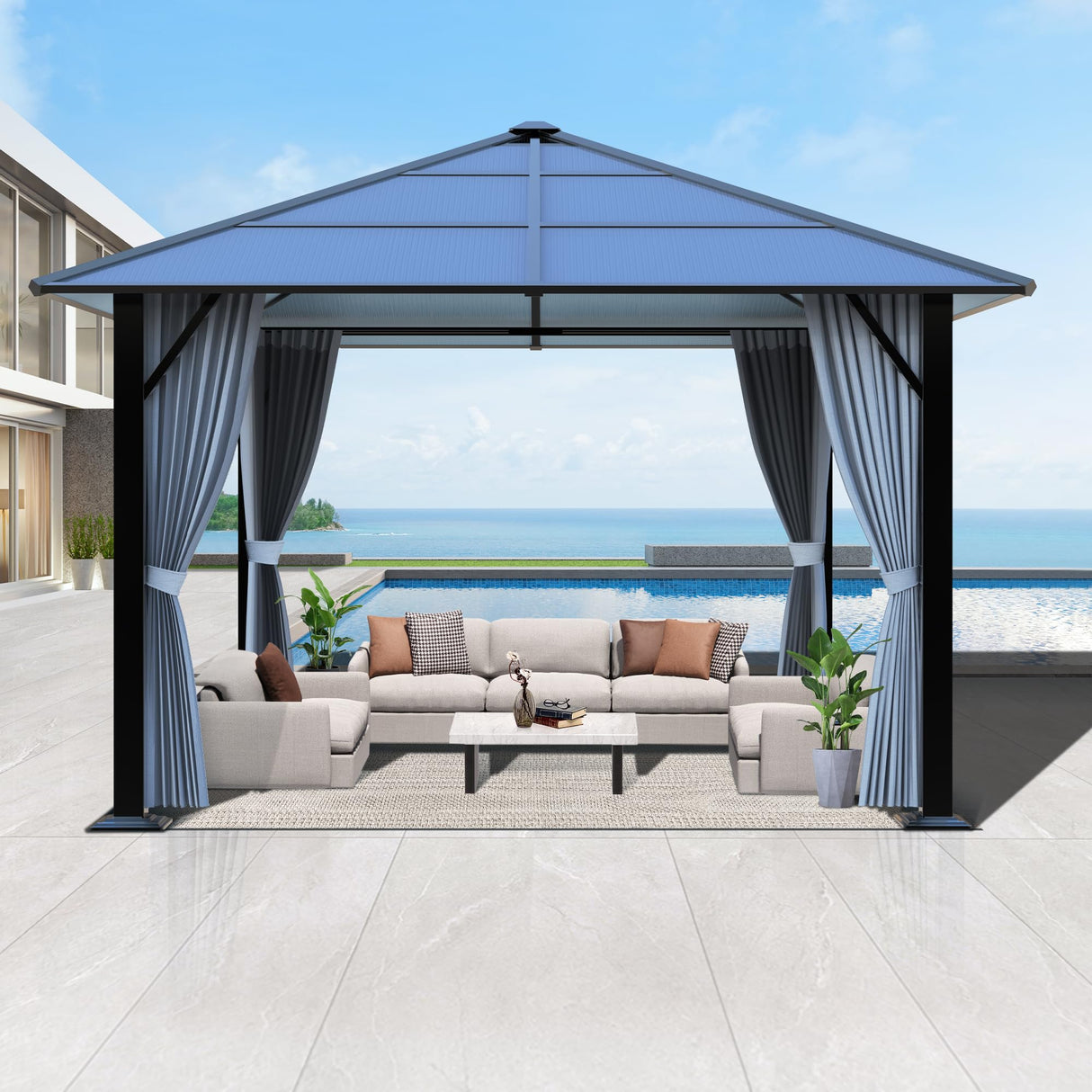 COVERONICS 10FT x 10FT Patio Polycarbonate Hardtop Gazebo with Steel Frame - Outdoor Translucent Roof Gazebo with Breathable Netting & Shaded Curtains for Porch, Lawn, Garden, Backyard, Poolside COVERONICS