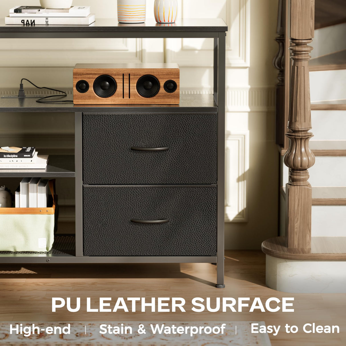 Huuger 47 Inch TV Stand Dresser with Power Outlets and LED Lights, 4 Drawers Entertainment Center with Open Shelf, Media Console for 55 50 Inch TV, Dresser with PU Finish, Black Huuger