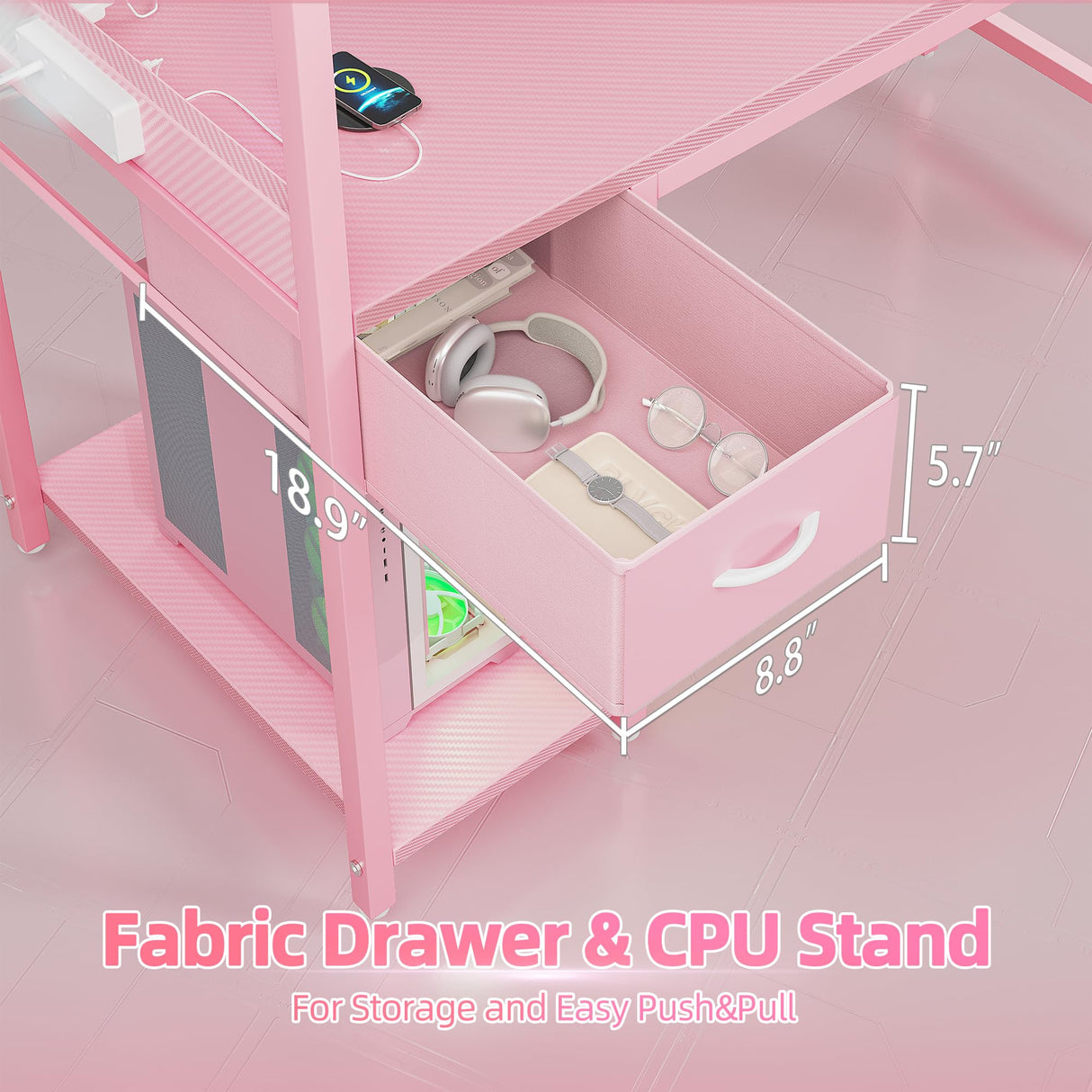 TIQLAB Gaming Desk 40 inch with Power Outlet and LED Light, Computer Desk with Reversible Shelves and Storage Drawer, Small PC Desk for Home Office Table with Bag, Carbon Fiber Pink TIQLAB