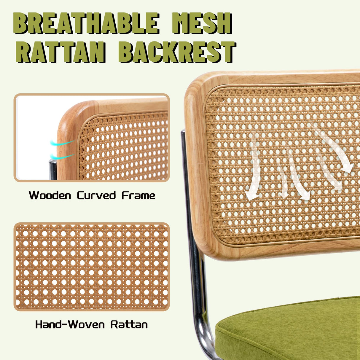 KROFEM Modern Cesca Cane Dining Chairs, Set of 2, Handwoven Rattan Cane Back, Chrome Base, Upholstered Cotton Seat, Ideal for Kitchen or Dining Room, Green KROFEM