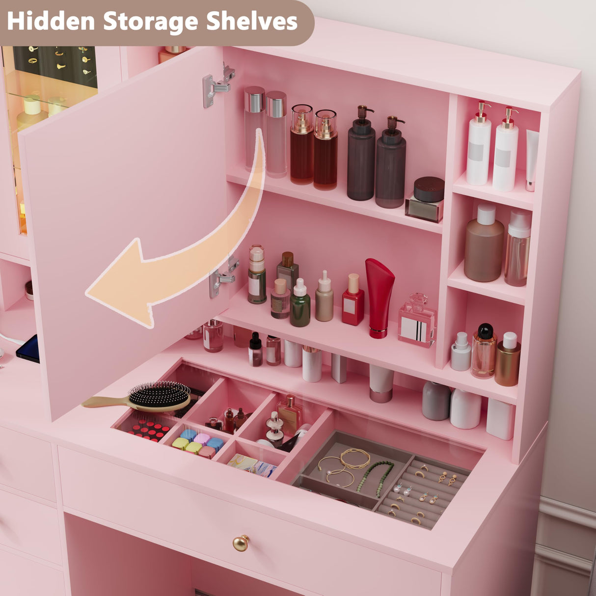 Wodeer Makeup Vanity Desk with Mirror and Lights,Vanity Table Set with Charging Station,Glass Tabletop and RGB Cabinets,Dressing Table with Jewellery Organizers Drawers for Bedroom,Pink Wodeer