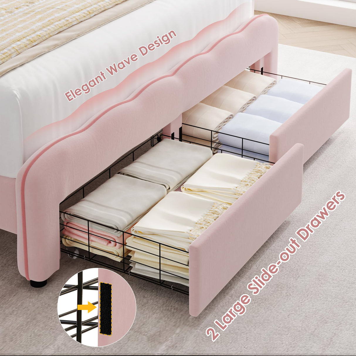 HOSTACK Full Upholstered LED Bed Frame with Storage Drawers, Cute Girls Bed with Adjustable Lotus Headboard, Velvet Princess Platform Bed Frame, Wooden Slats Support, No Box Spring Needed, Pink/Beige HOSTACK