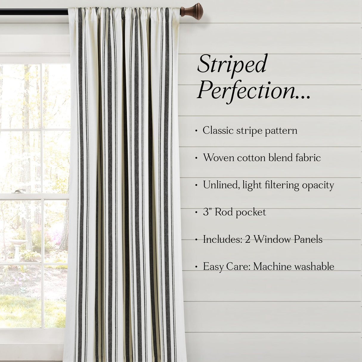 Lush Decor Farmhouse Stripe Yarn Dyed Cotton Window Curtain Panel Pair, 42" W x 84" L, Black - Classic Modern Rustic Charm - Eco Friendly Cotton Fabric Lush Decor