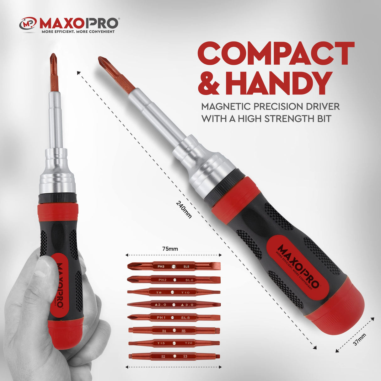 MaxoPro Ratcheting Screwdriver Set with Magnetic Tips - 19 In 1 Ratchet Multi Screwdriver - Portable and Multipurpose All In One Screwdriver, Phillips//Torx-Star/Hex/Square Bits MaxoPro