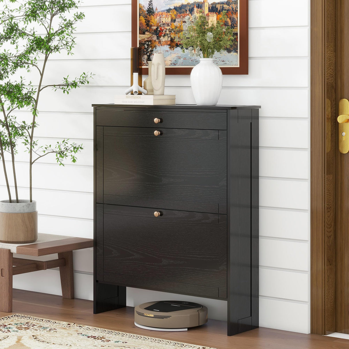 FTZxHKLX Black Narrow Shoe Storage Cabinet with 2 Flip Drawers,Freestanding Hidden Shoe Organizer for Entryway,Shoe Rack Closed Cabinet for Behind Door Entrance, Living Room, Apartment FTZxHKLX