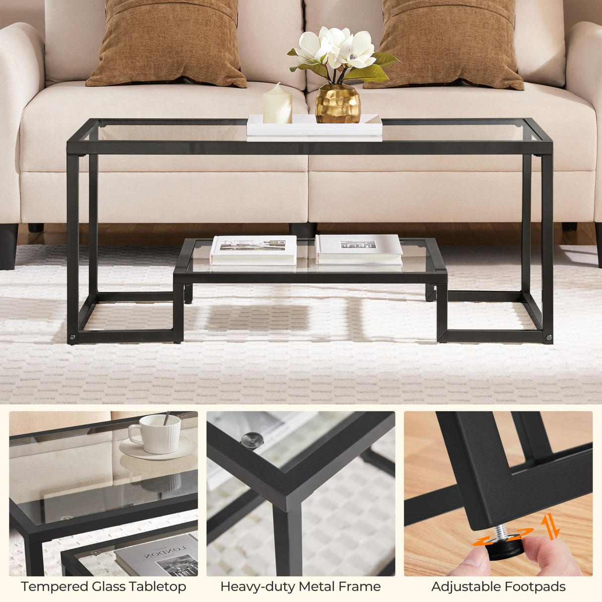 Yaheetech Coffee Table, Tempered Glass Coffee Table, Modern Simple Center Table w/Geometric-Inspired Design & Metal-Frame & Easy Assembly & Open Storage Shelf for Living Room, Office, Black Yaheetech