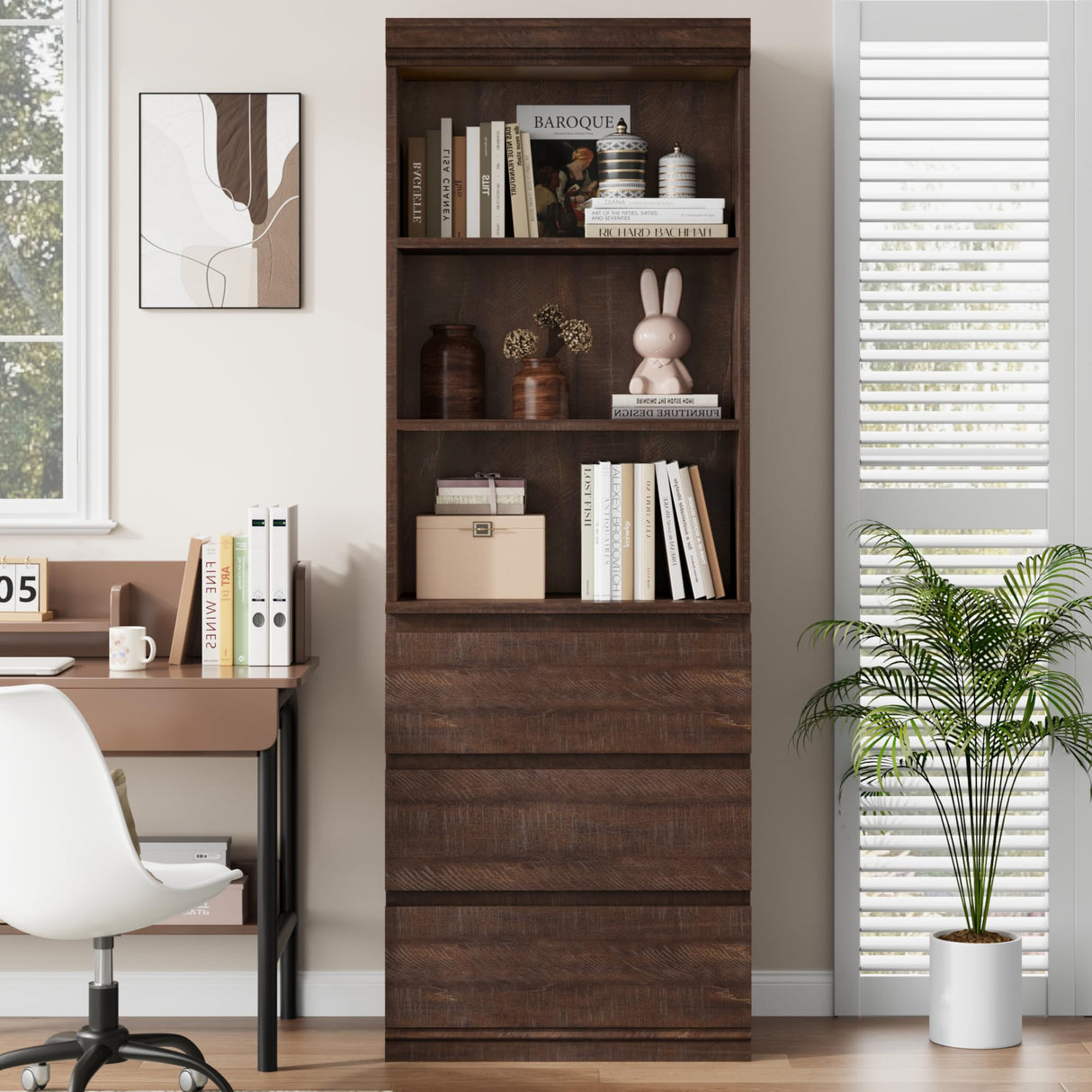 IDEALHOUSE 70" H Bookcase with 3 Storage Drawers,Tall Bookshelf w/ 3-Tier Open Shelf, Morden Storage Bookcase Wooden Deep Bookshelves Storage Cabinet Organizer for Library Office Living Room (Brown) IDEALHOUSE