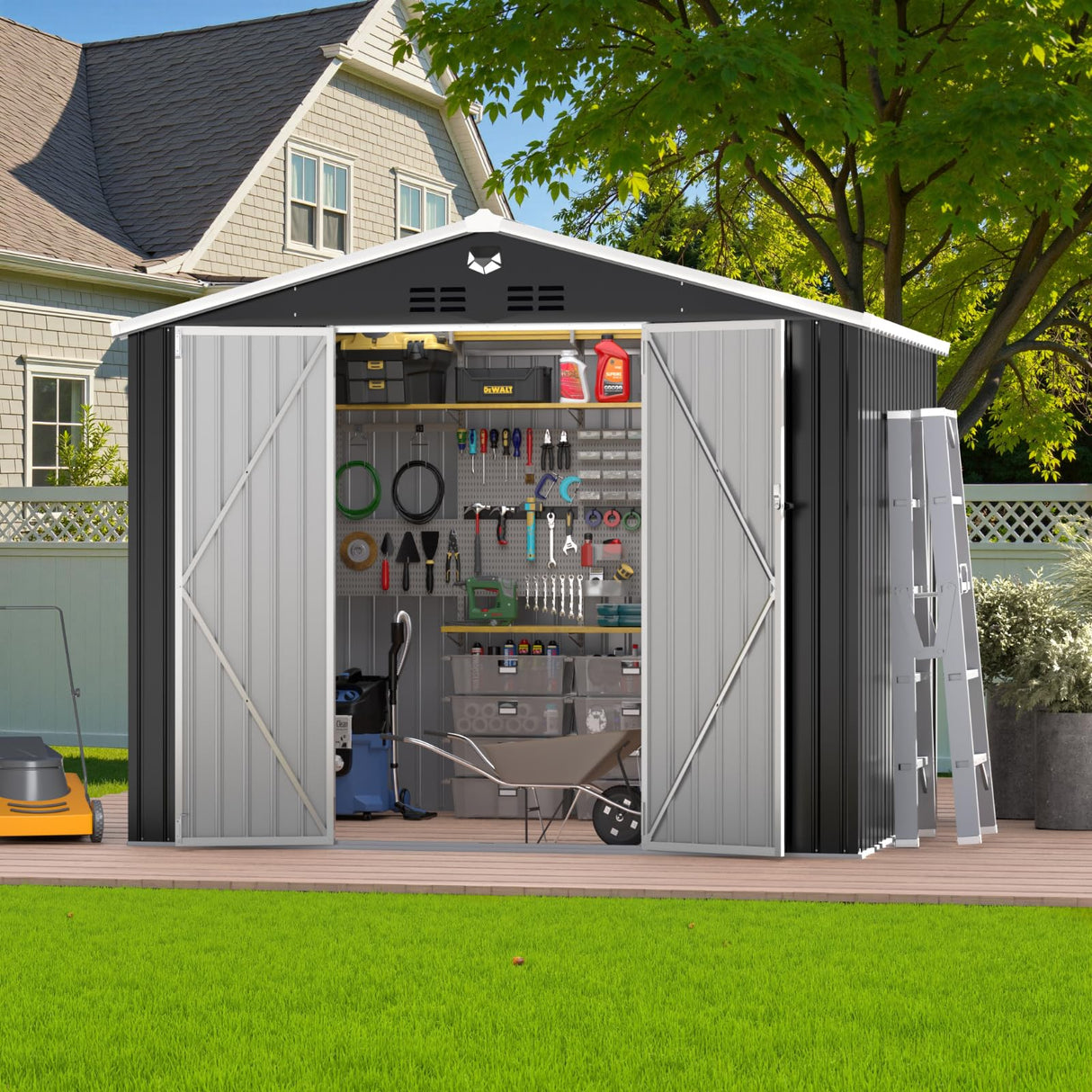 10x8 FT Outdoor Storage Shed, Metal Garden Shed - Tool Storage Sheds with Lockable Doors, Waterproof Outside Storage Building for Backyard, Patio (Black; Floor Not Included) Benass