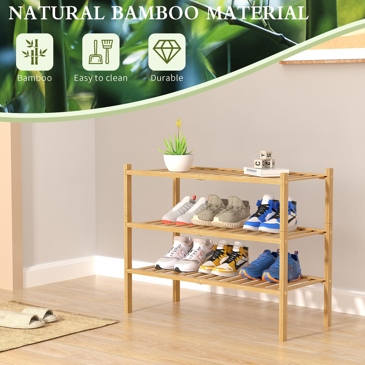 ROMGUAR CRAFT 3 Tier Bamboo Shoe Rack for Closet Free Standing Wood Shoe Shelf Storage Organizer for Entryway Small Space Stackable 27"x11"x20" (Natural) ROMGUAR CRAFT