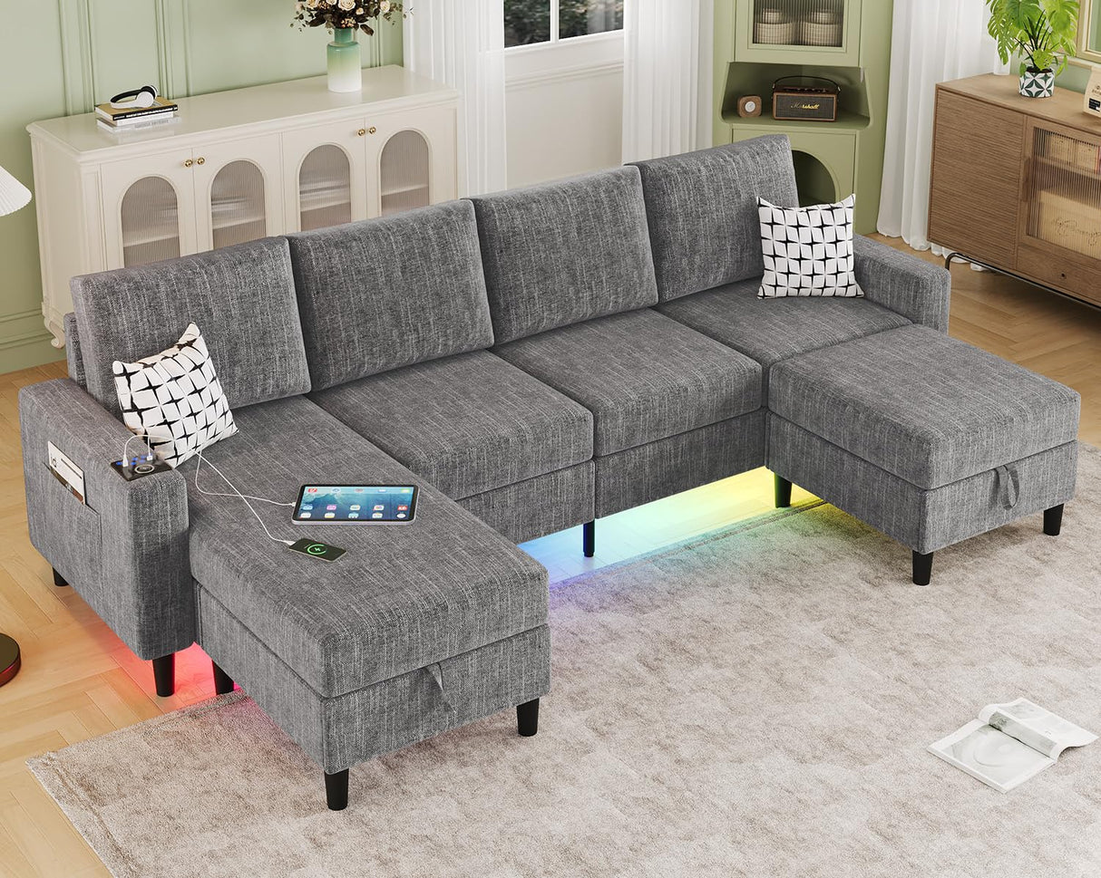 Sectional Couches for Living Room, 6-Seats Soft Linen Fabric Sectional Sofa with Storage Ottoman, Modern Convertible U/L Shaped Couch with Smart Charging Module/LED Light/Music Sync (Light Grey) BULAIMEIKEEY