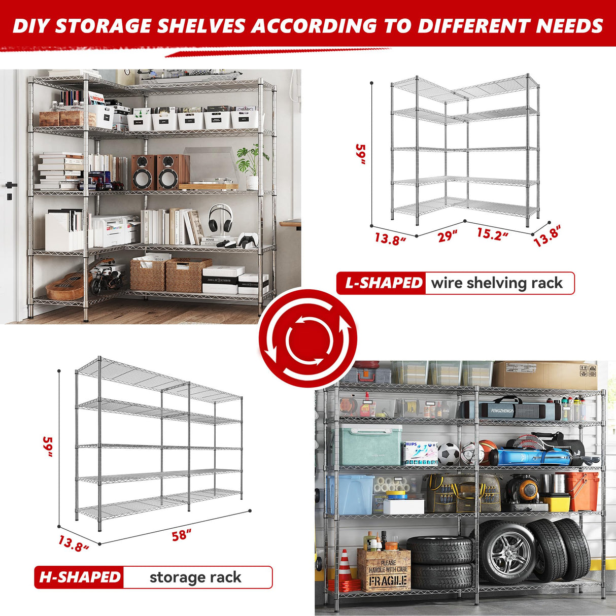 REIBII 58" W Storage Shelves Wire Shelving Load 1400LB Metal Shelves for Storage 5 Tier Heavy Duty Shelving Unit with Shelf Adjustable Garage Shelving Rack Pantry Kitchen 58" W x 59" H x 13.8" D REIBII