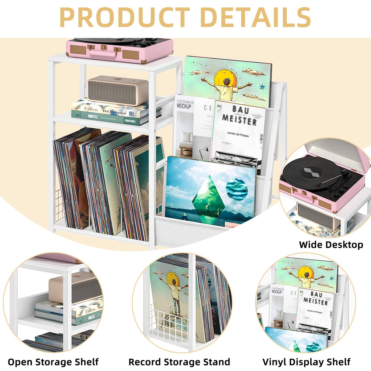 LELELINKY Record Player Table,Turntable Shelf with Vinyl Storage Up to 150 Albums,White Side Table with 3 Tier Magazine Periodical Book Rack,Wide Metal Record Holder Cabinet for Room Office LELELINKY