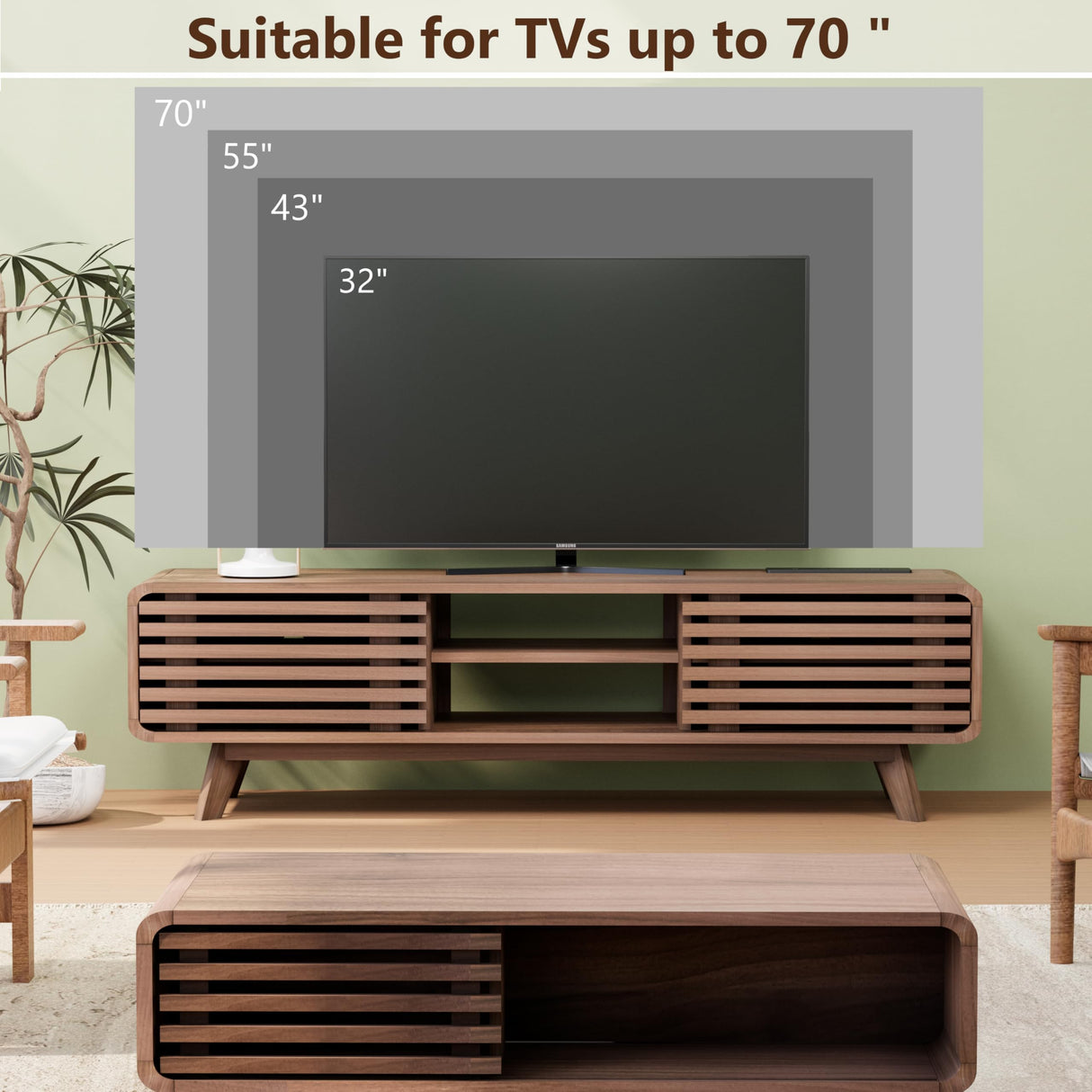 Royal Windsor Modern TV Stand for Living Room, Media Console Cabinet with Socket, Large Entertainment Center with Storage, TV Table with Slatted Sliding Doors and Open Shelves, Reddish Brown Royal Windsor