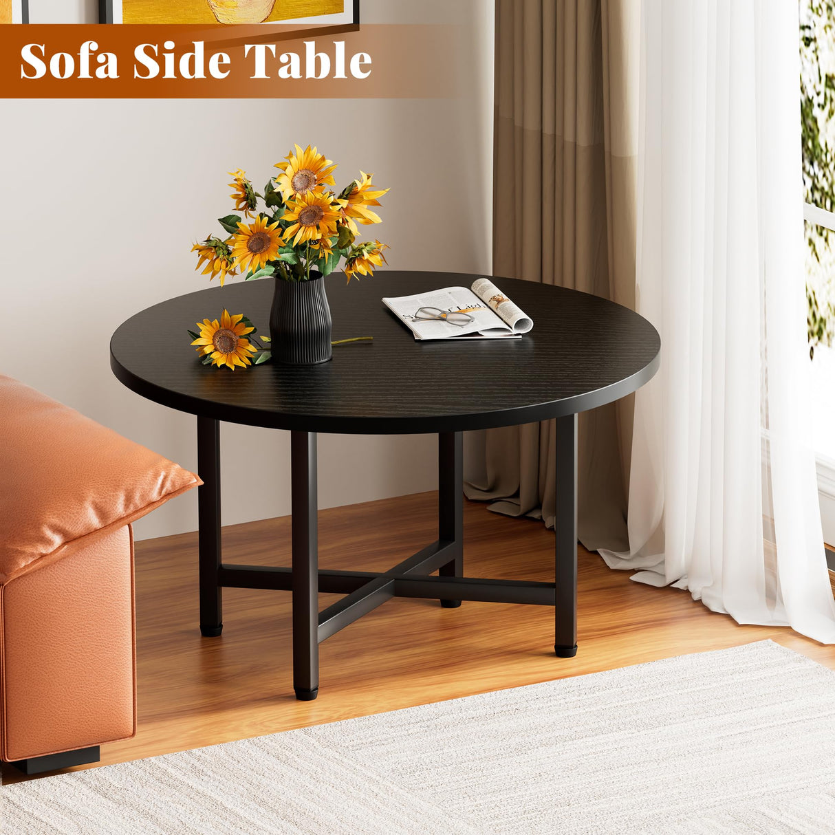 FURMORENE Coffee Table, 23.6" Small Coffee Tables, Black Round Coffee Tables for Living Room, Floor Table for Sitting on The Floor, Center Coffee Table with Metal Frame for Office Apartment Home FURMORENE