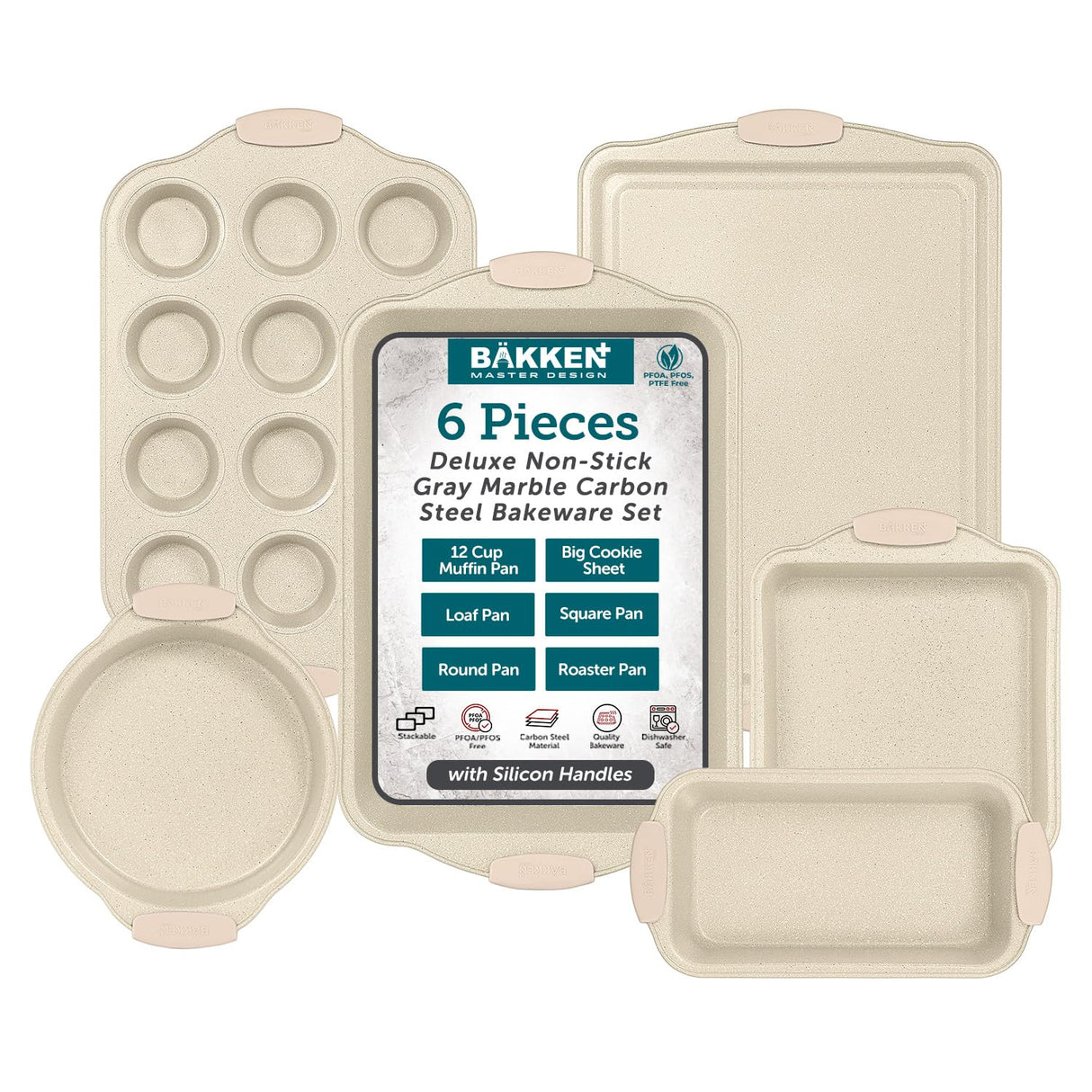 BAKKENMASTER 6-Piece Deluxe Nonstick Baking Pan Set - Professional Grade Carbon Steel Bakeware with White Marble Coating & Silicone Handles BAKKENMASTER