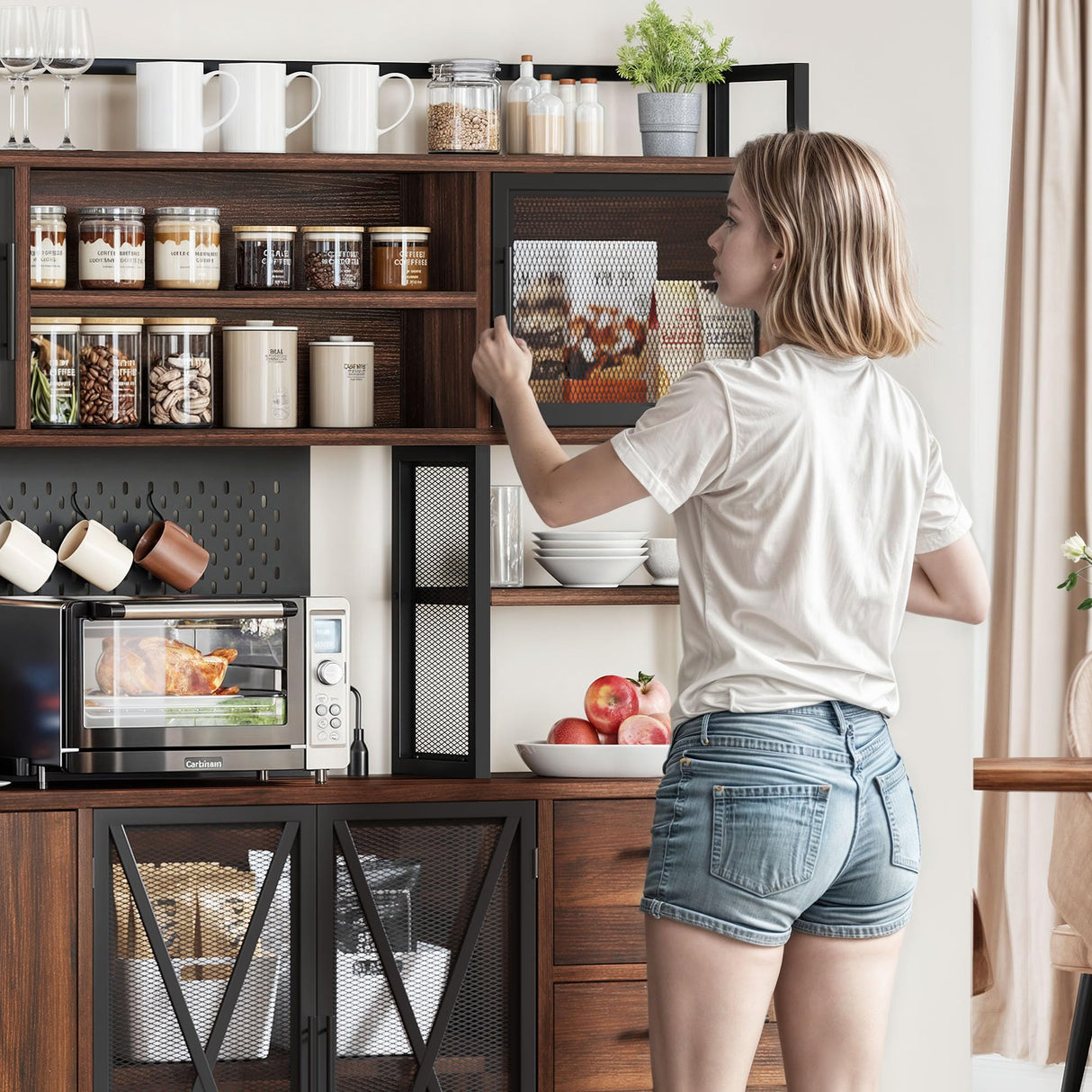 DWVO Kitchen Pantry Cabinet with Trash Can Cabinet, Large Microwave Stand w/Power Outlet, Kitchen Hutch Storage Cabinet Metal Frame Kitchen Cupboard, Rustic Brown, 63" W x 15.7" D x 69" H DWVO