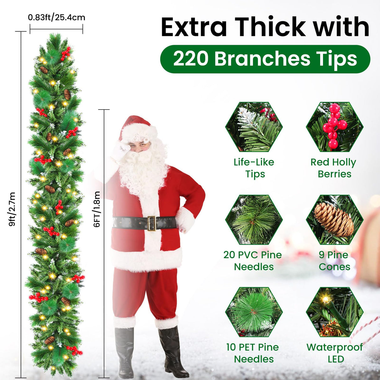 Christmas Garland with Lights, 50 LEDs 9FT Prelit Garland Battery Operated Outdoor Indoor Christmas Decorations Lighted Garland for Stairs Railing Fireplace Mantle Front Door Home Holiday Decor Xander