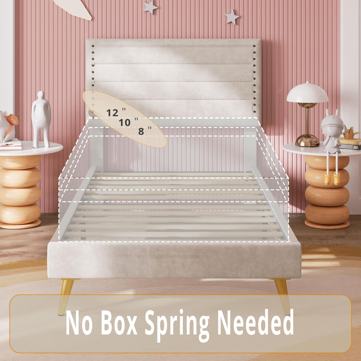 LIKIMIO Twin Bed, Platform Bed Frame with Upholstered Headboard and Wooden Slats Support, No Box Spring Needed, Easy Assembly, Beige LIKIMIO