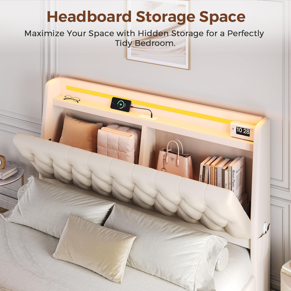 Queen LED Velvet Bed Frame with 2 Storage Drawers&Hidden Headboard, Upholstered Platform Bed with Charging Station&Button Tufted Design, Wooden Slats Support, Box Spring Optional, Easy Assembly, Beige Jocoevol