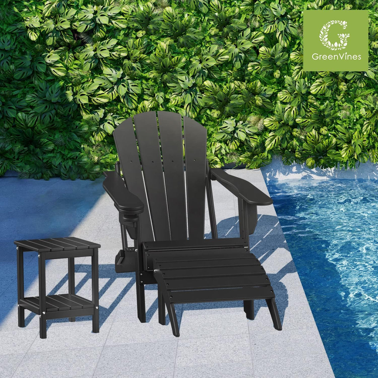 GREENVINES Folding-Adirondack-Chairs-Set-of-4 | HDPE Plastic | Fire Pit Chair | All Weather | Cup Holder | Black | for Deck Backyard Patio Outdoor Garden GREENVINES