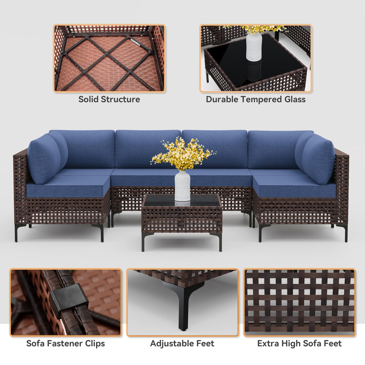 Trumbeak 7 Pieces Patio Furniture Set Wicker Outdoor Sectional Sofa,All Weather Brown PE Rattan Outdoor Conversation Set w/Thick Cushions and Glass Coffee Table,NavyBlue Trumbeak