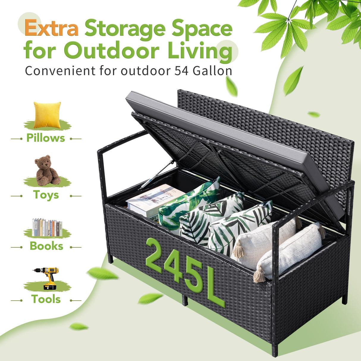 Greesum Patio Loveseat PE Rattan Wicker Outdoor Furniture with Soft Cushions & Built-in Storage Space for Lawn Garden Backyard, Black Greesum