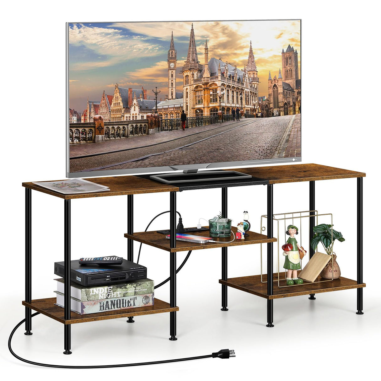 OYEAL Small TV Stand for Living Room up to 50 inch Farmhouse TV Media Entertainment Center with Power Outlets & Storage Shelf 45'' TV Cabinet Console Table for Bedroom, Rustic Brown OYEAL