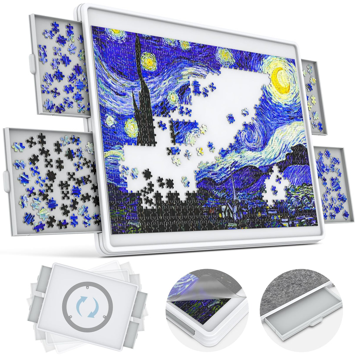 1500 Piece Rotating Puzzle Board 4 Drawers and Cover, 35"x28" Double Sided Felt Mat Portable Jigsaw Puzzle Table with Lazy Susan Spinning for Adults and Kids Kroyedfuw