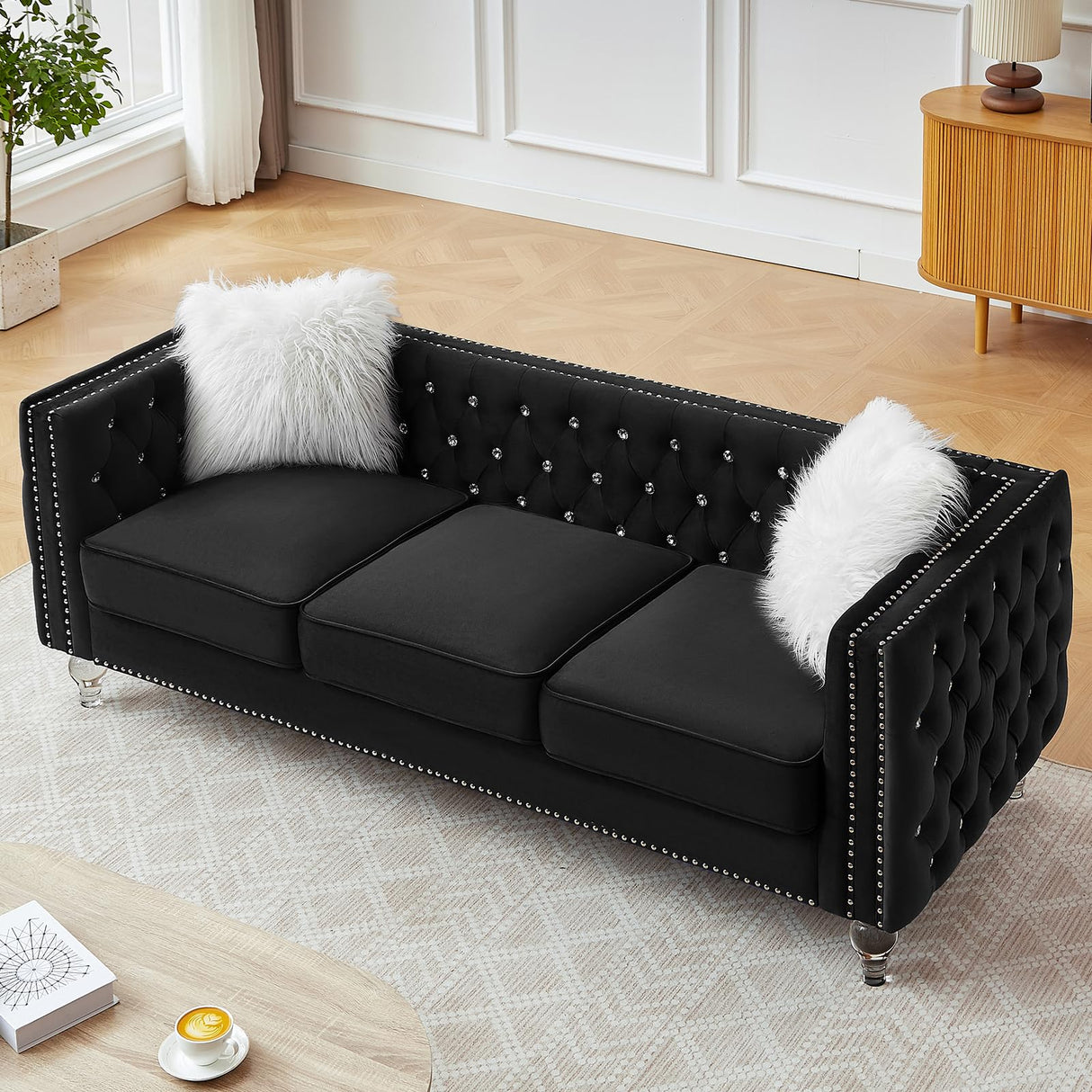 Homies Life 83" Chesterfield Sofa, Velvet Mid-Century Modern Upholstered Couch with 2 Throw Pillows and Acrylic Legs, Nailhead Button Tufted Vintage Sofa for Living Room, Apartment, Office, Black Homies Life