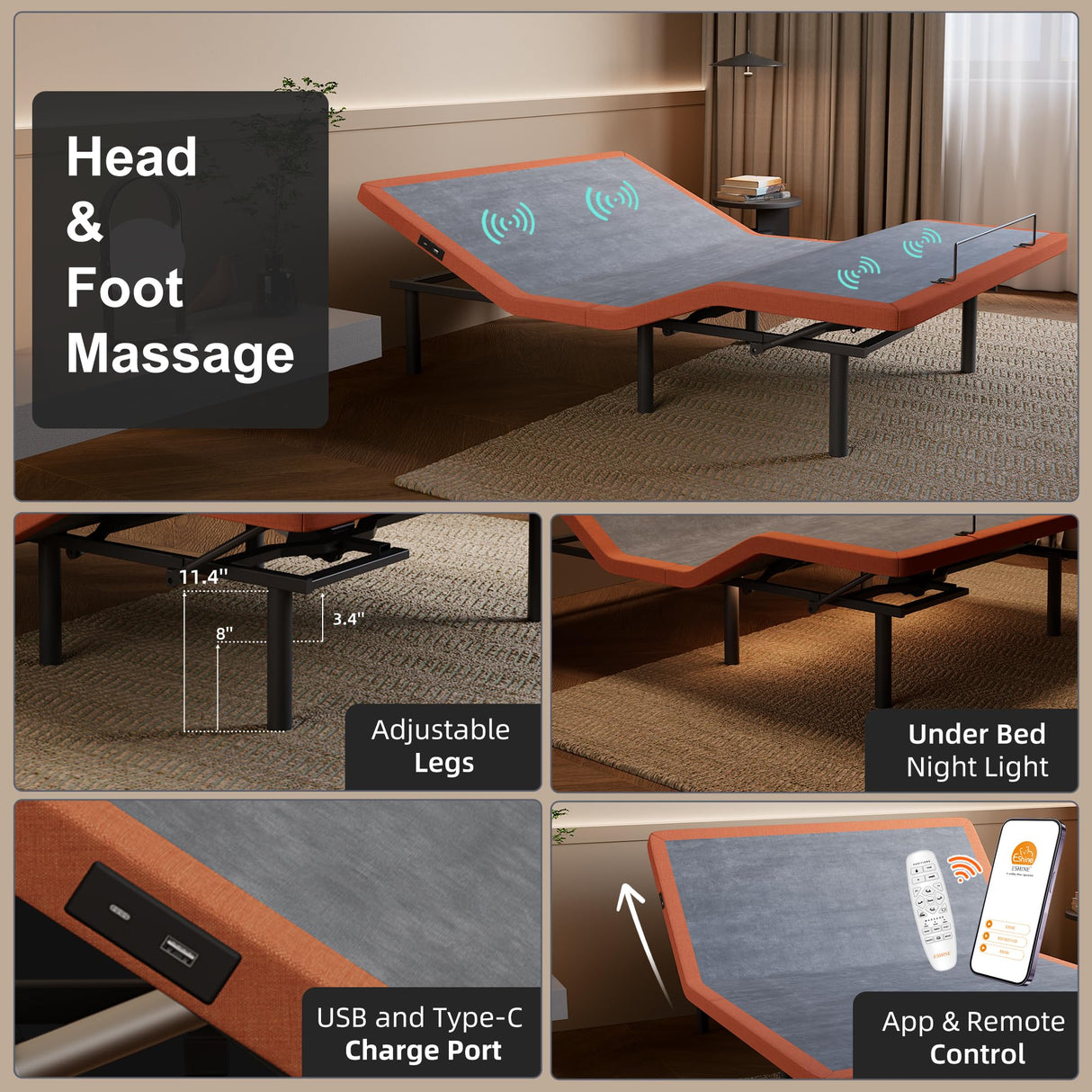 Split King Adjustable Bed Frame + 14” Hybrid Matt, Bed Base with Massage, Pillow-tilt, Smart APP Control, Ergonomic Incline, Zero Gravity, Dual USB Port, Under Bed Light, Wireless Remote, 5000 Series ESHINE