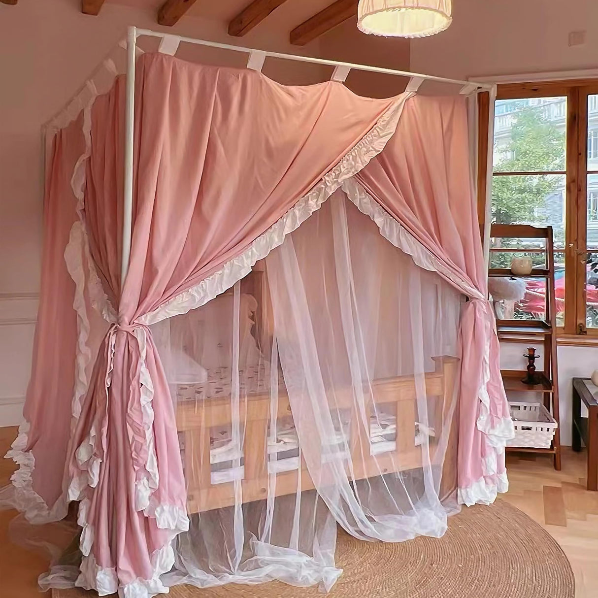 King Canopy Bed Frame, Stainless Steel Metal Size, Sturdy Post Poles Thicken Frame for Wood Bedroom Decor, White Mosqutent