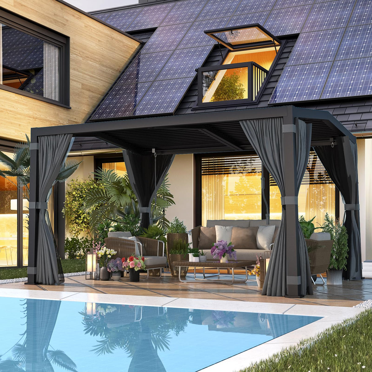 EROMMY Louvered Pergola 11' x 13' Outdoor Hard Top Mansard Roof Gazebo with Aluminum Frame and Adjustable Metal Rainproof Roof for Garden & Patio, Curtains and Netting Included, Gray-Black EROMMY