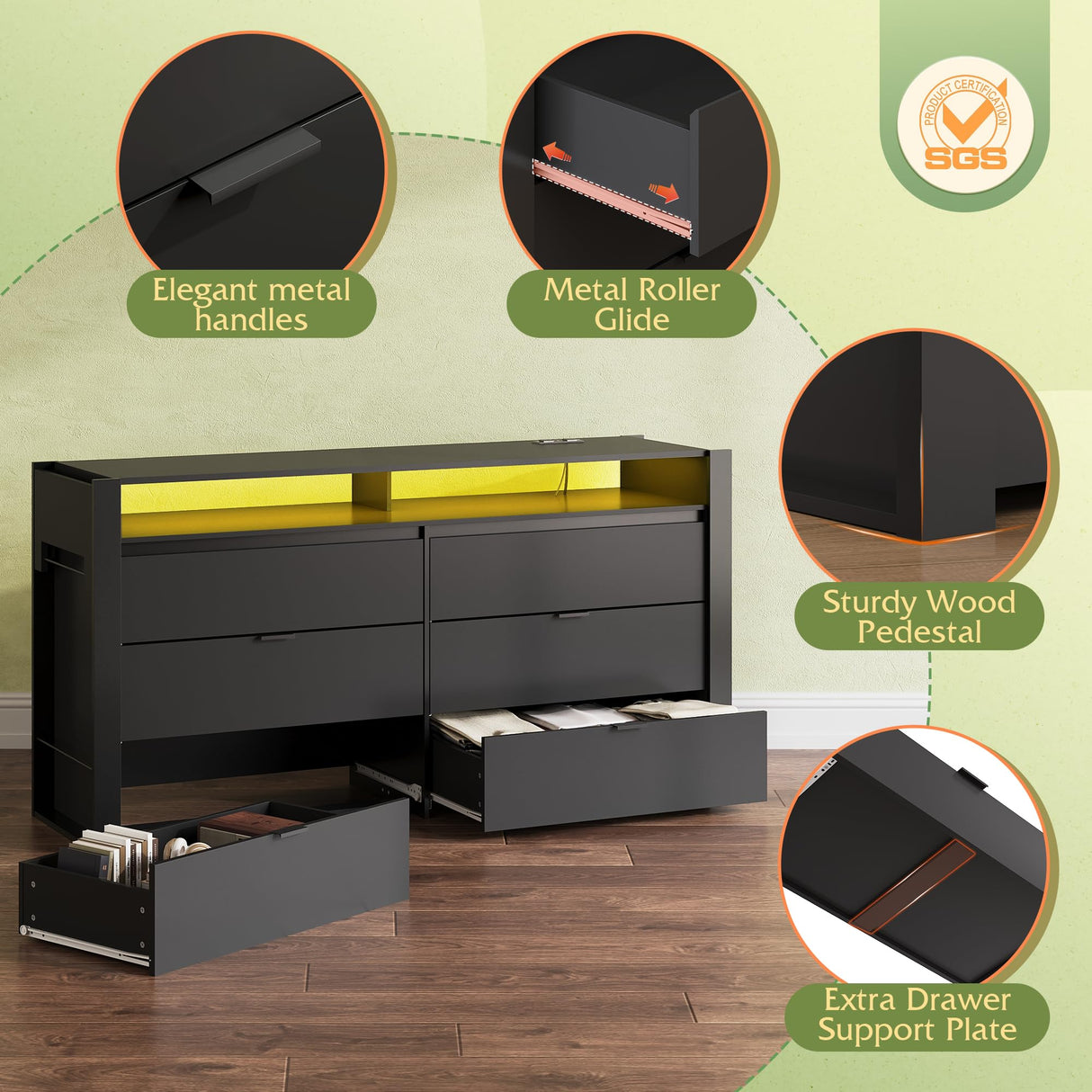 WLIVE 78 Inch Dresser for Bedroom, Large Chest of Drawers Expandable Black Wood Dresser from 5'3" to 6'5'' with Flexible Shelves and Hanging Rack, Led Dressers for Living Room (85'' TV) WLIVE