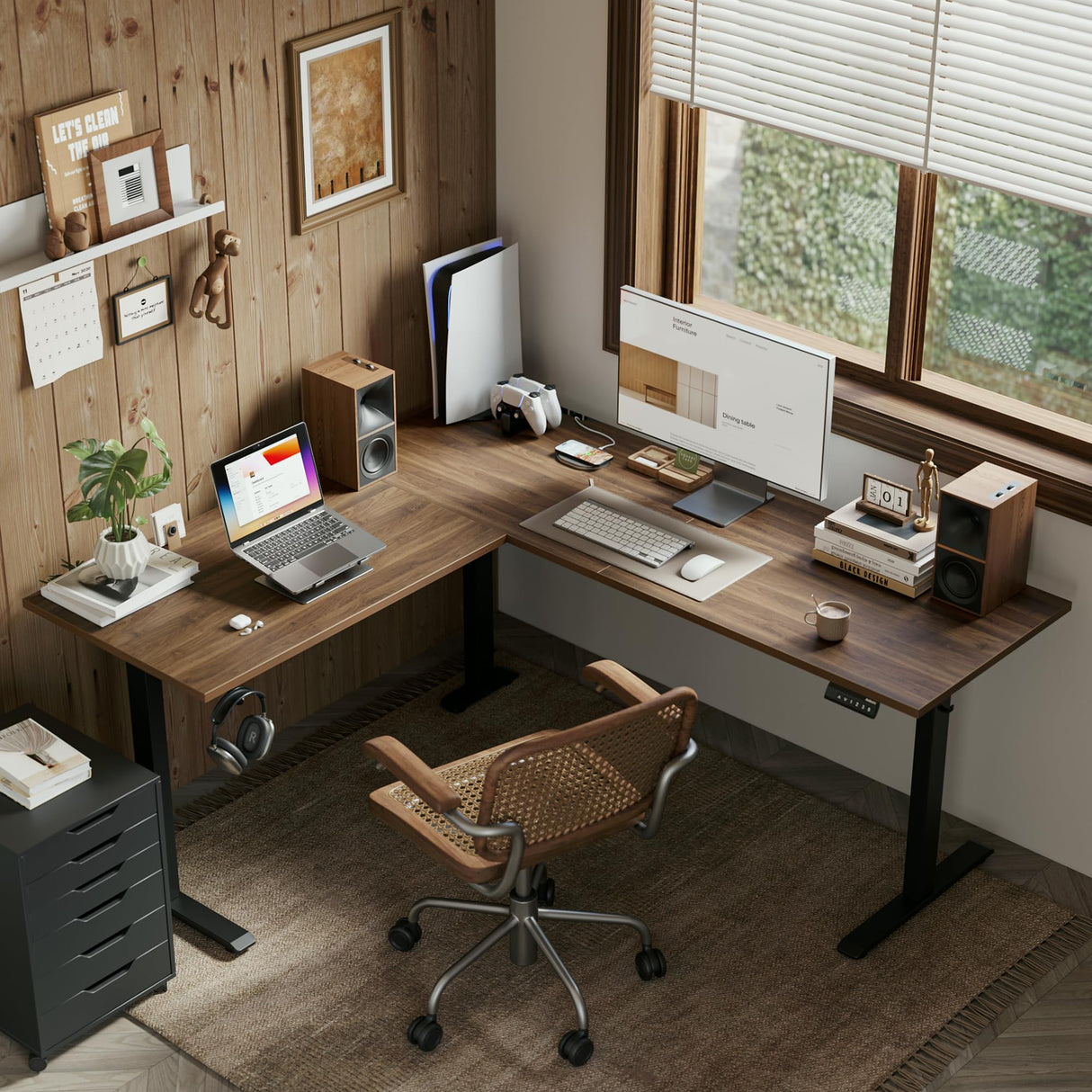 Agilestic L Shaped Standing Desk Adjustable Height, Electric Corner Standing Desk, 63 x 55 inch Sit Stand Computer Table with Splice Board, Dark Wlalnut Agilestic